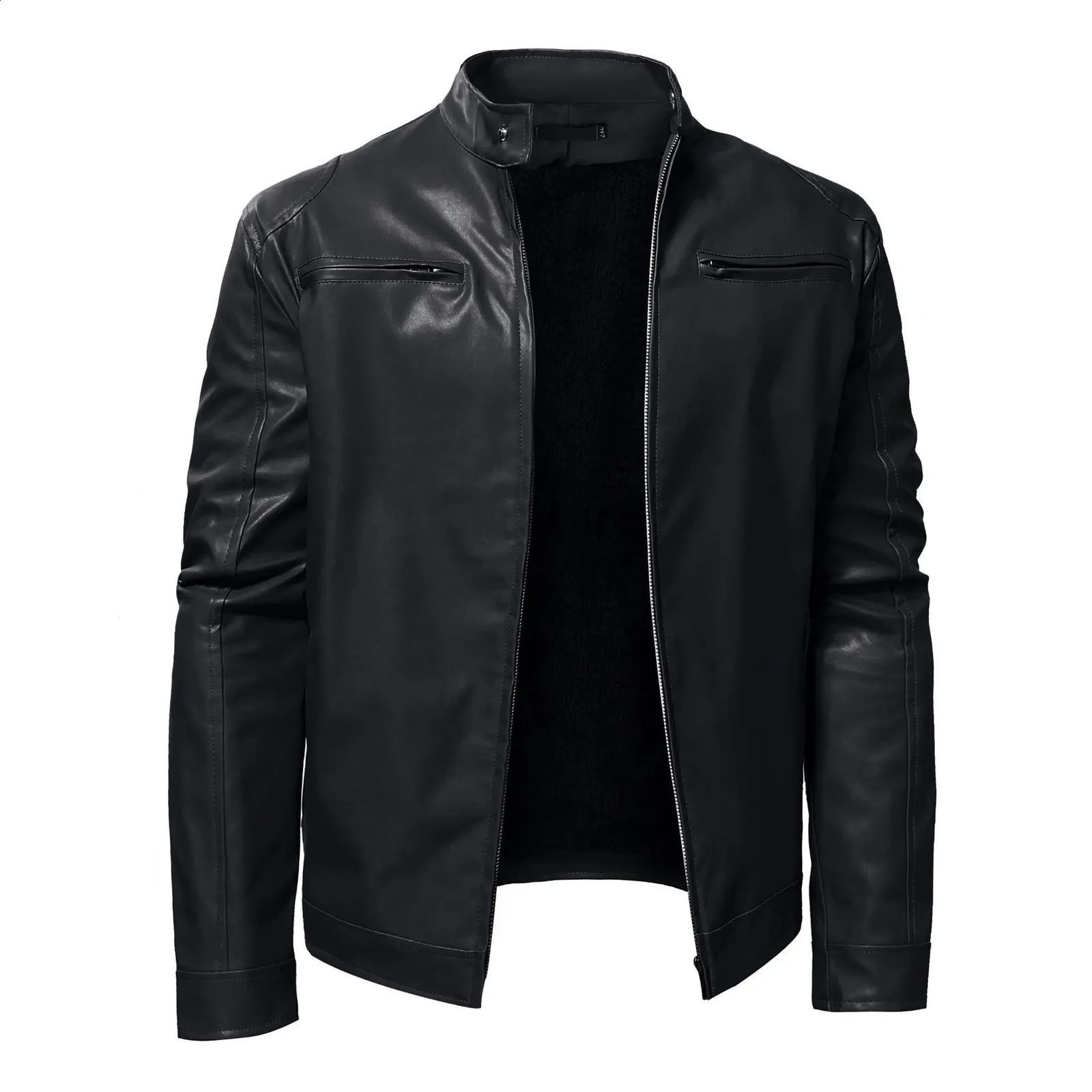 Autumn mens business gentleman plush and thick zippered cardigan stand up collar large leather jacket 240822