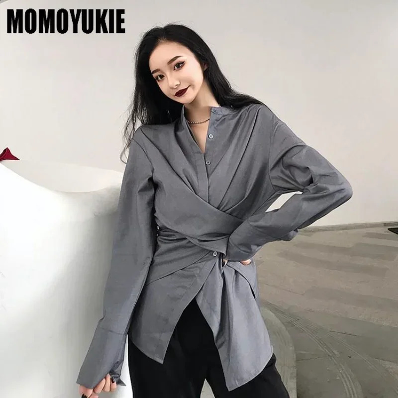Spring Korean Style Stand Collar Shirts Elegant Long Sleeve Fashionable Solid Chic Slim Irregular Casual Feminino Tops 240823