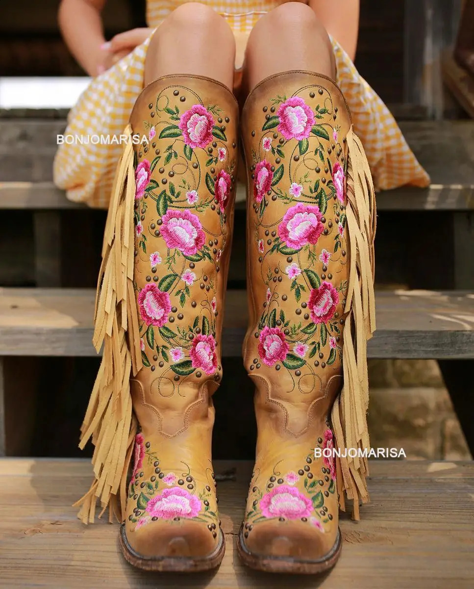 BONJOMARISA womens denim boots with embroidered floral edges sweet Western denim boots Roman block high heels autumn 240823