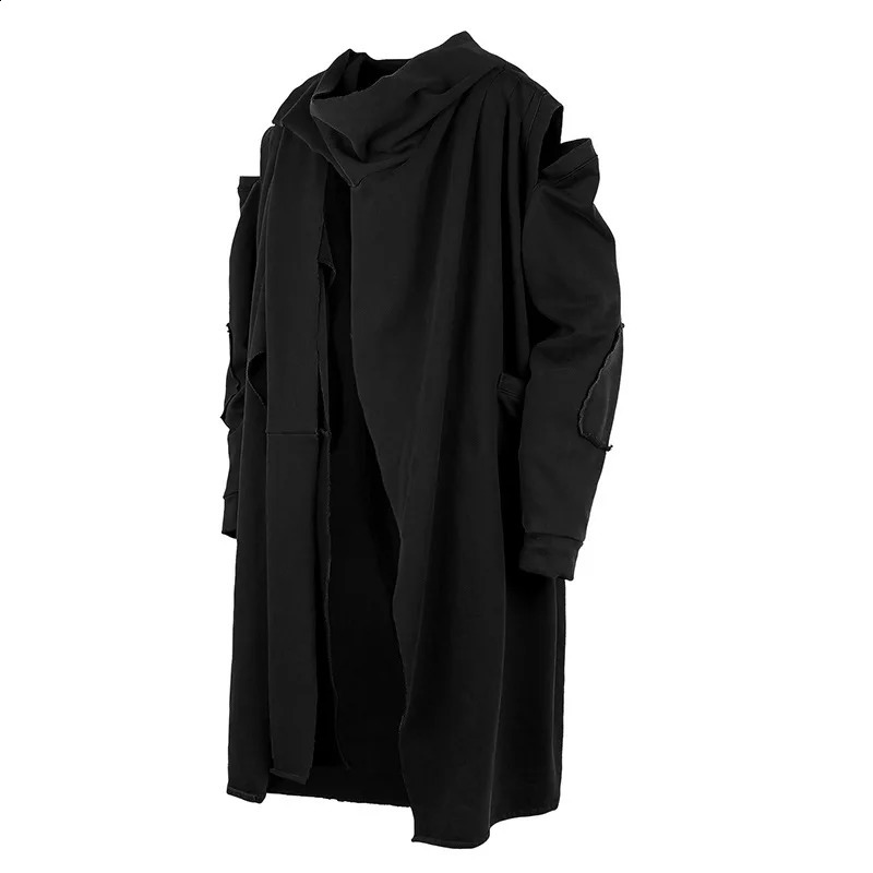 Ripped Hole Hip Hop Punk Trench Coat Destroyed Techwear Hooded Cloak Vagrant Style Vintage Long Jacket Cape For Men 240822