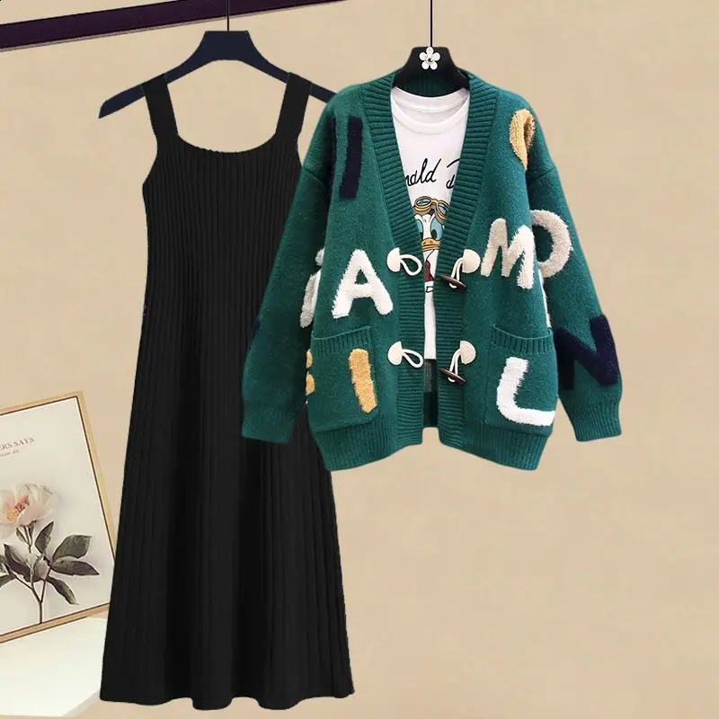 Autumn and Winter Letter Embroidery Knitted Sweater Cardigan Knitted Camisole Dress Two-piece Set Elegant Womens Skirt Set 240823
