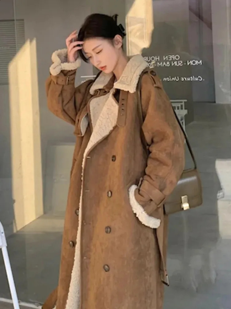 Lamb Suede Fleece Overcoat Women Autumn Winter Medium Length Plush Thicken Jacket Fur Long Lamb Wool Coat With Cashmere Outwear 240822