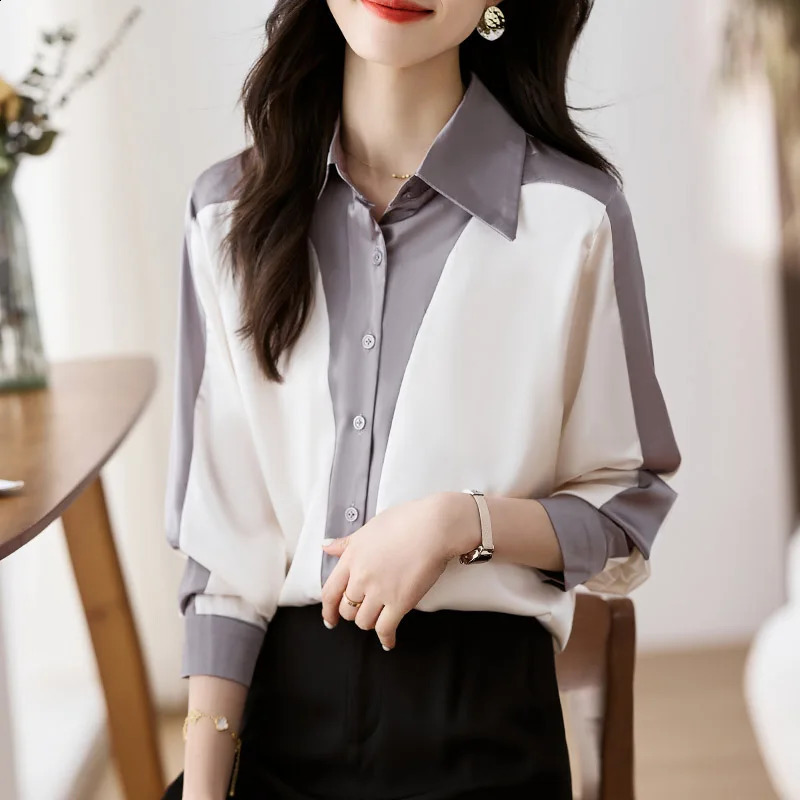 Women Clothing Spring Tops Long Sleeve Patchwork Chiffon Shirts Chic Contrast Office Korean Fashion Casual Blouse Female 240823