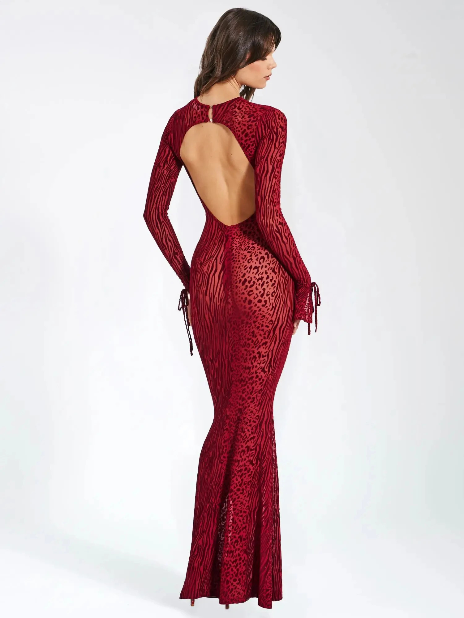Leopard Bodycon Sheath Sexy Club Women Dresses O Neck Outfits Backless Hollow Out Open Back Mesh Dress Evening Dress Vestidos 240822