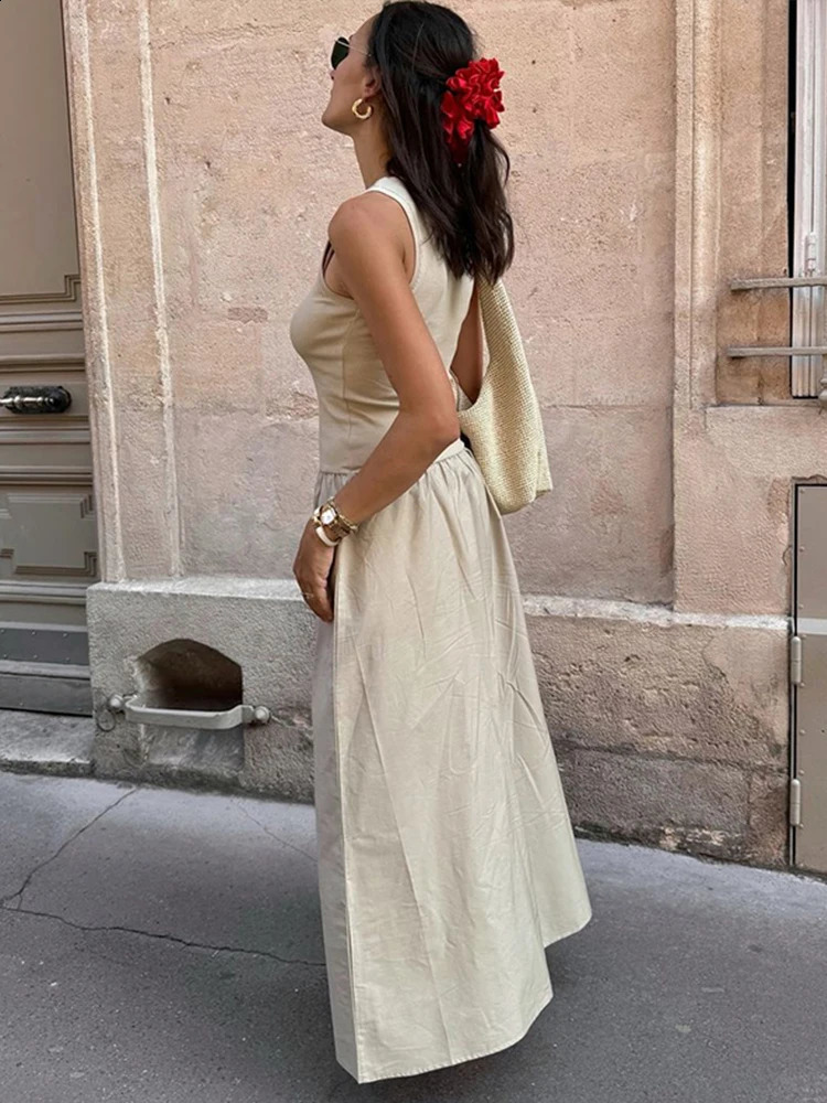 Loose Patchwork Pleated Long Dress Women Slim O-neck Sleeveless Female Empire Dresses Autumn Fashion Lady Holiday Robes 240822