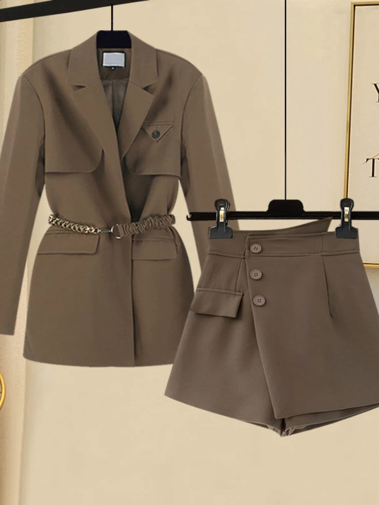 Xgoth Womens Blazer Dress Suits Temperament Large Size High Waist Khaki Blazer Button-up Shorts Skirt Two-piece Set 240823