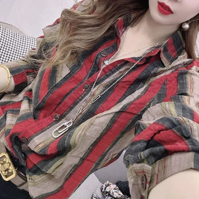 Korean Commute Spring and Autumn Shirts Womens Spliced Polo Neck Button Striped Loose All-match Long Sleeve Shirt Tops 240823
