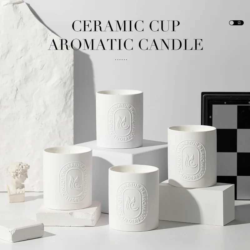 Ins style white ceramic cup jar aromatherapy candle ceramic cup soy wax plant essential oil candle home decorationX240823