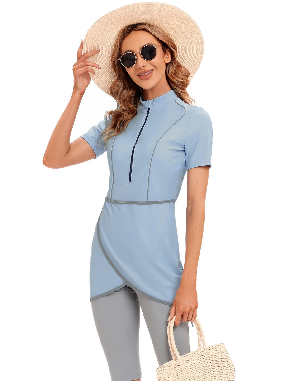 CROP Short Muslim Swimwear Womens Modest Muslim Swimsuit Burkini With Front Zip 240823