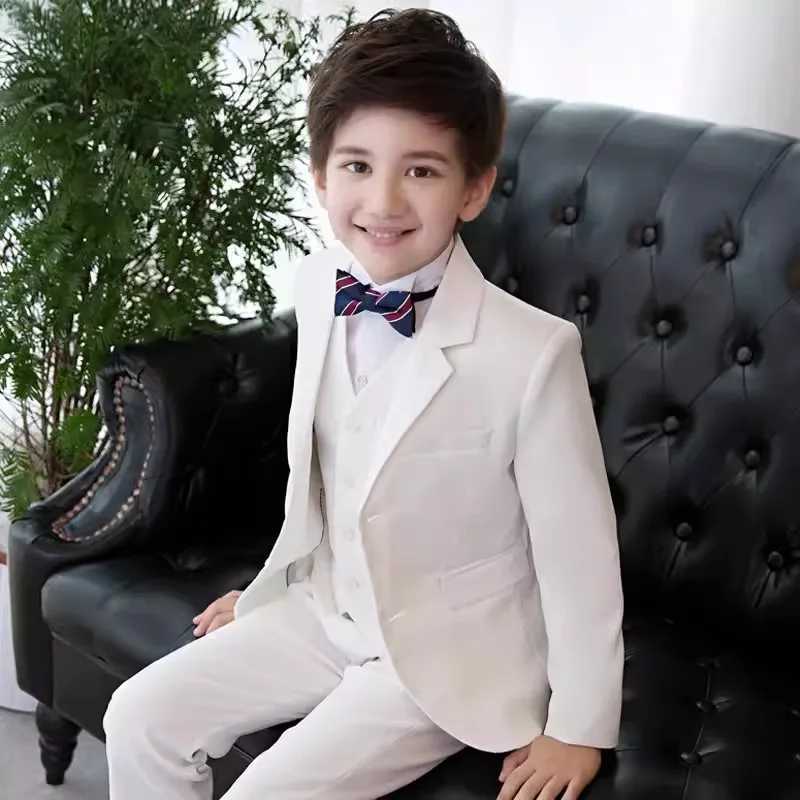 Childrens White Baptist Party Dress Childrens Jacket Vest Pants Tie Ceremony Photography Set Flower Boy Piano Performance Costume W240823