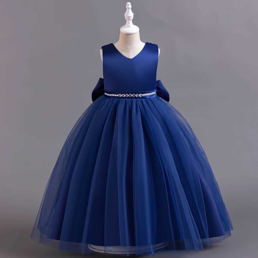 Fashionable solid girl evening gown sequined waistband sleeveless childrens bridesmaid dress summer chiffon childrens party dress 3-12 years W240823