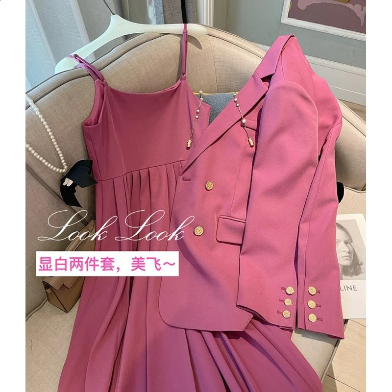 Spring Autumn Blazers Suspenders Womens Two-piece Set Loose Casual Suit Outerwear Sling Skirt Women 240823