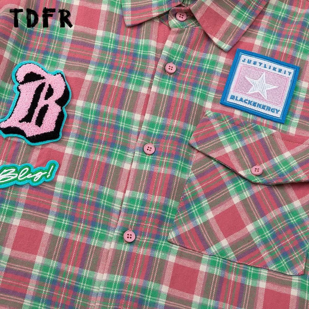 Patch Embroidery Plaid Shirt Mens Retro Casual Loose Pocket Lapel Single Breasted Long Sleeve Shirts Men 240822