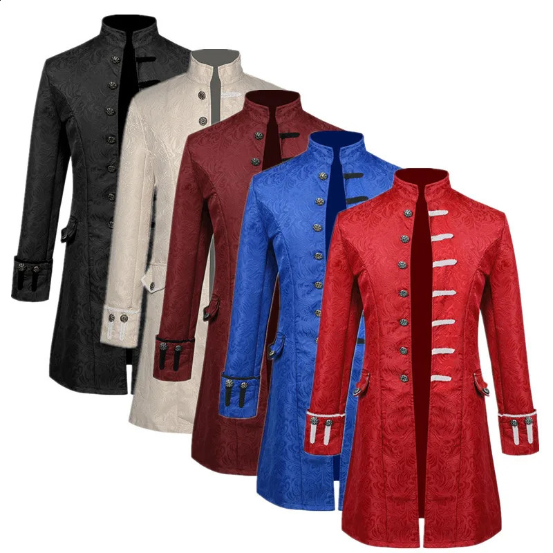 Fashion Men Thin Stage Performance Dress Long Jacket Red / Blue / Black Male Stand-up Collar Jacquard Halloween Trench Coat 240822