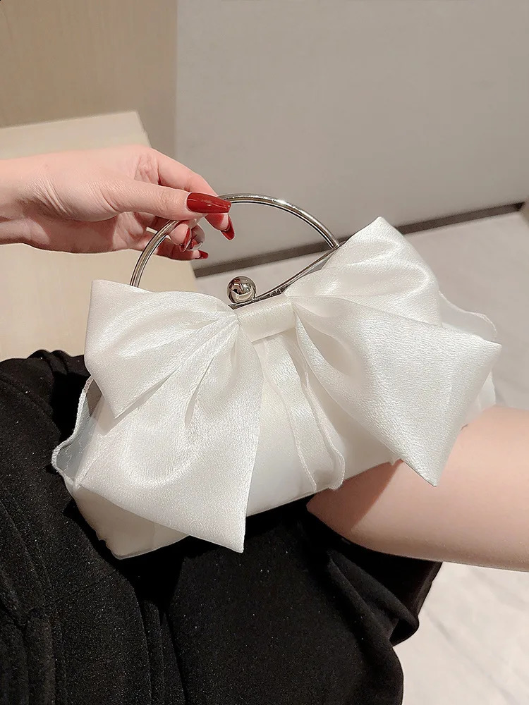 White Satin Bow Fairy Evening Bags Clutch Metal Handle Handbags For Women Wedding Party Bridal Clutches Purse Chain Shoulder Bag 240822z
