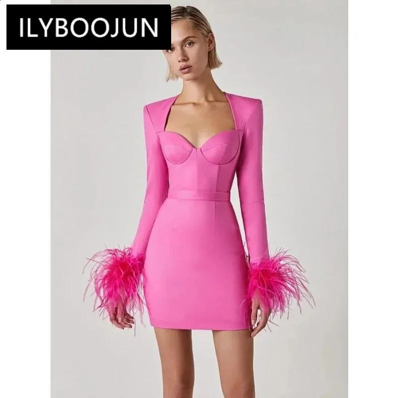 Women Winter Sexy Long Sleeve Feathers Pink Black Mini Bodycon Bandage Dress Elegant Evening Party Dress 240823