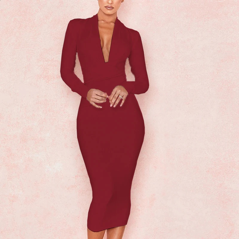 Womens Deep V Neck Bandage Dress Long Sleeve Folds Bodycon Black Midi Sexy Elegant Club Celebrity Runway Evening Party Dresses 240823