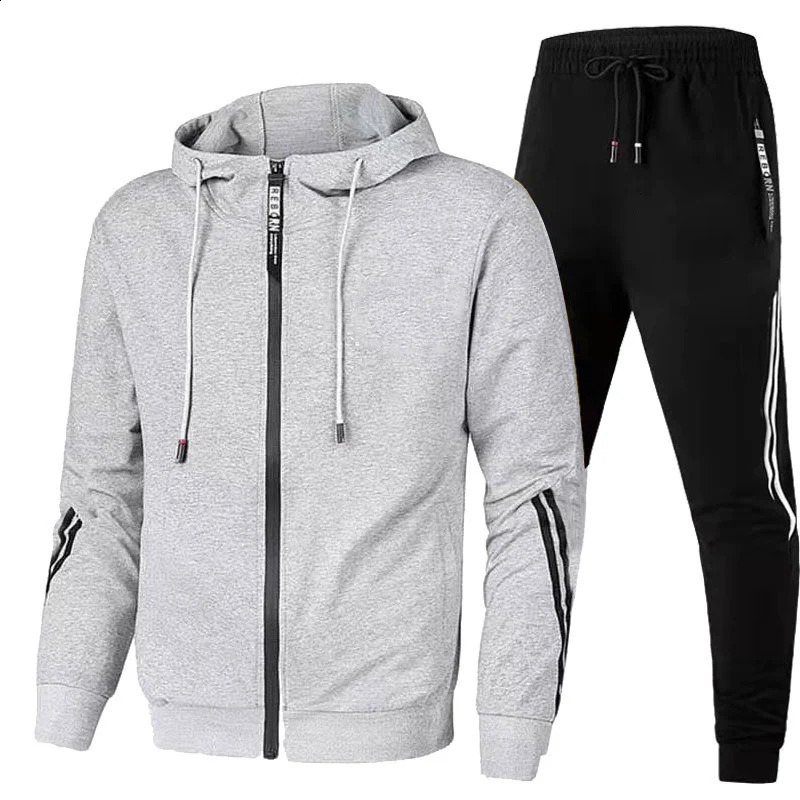 Mens autumn and winter sportswear casual outdoor zipper jacket sports pants jogging set mens wool hooded sweatshirt 240822