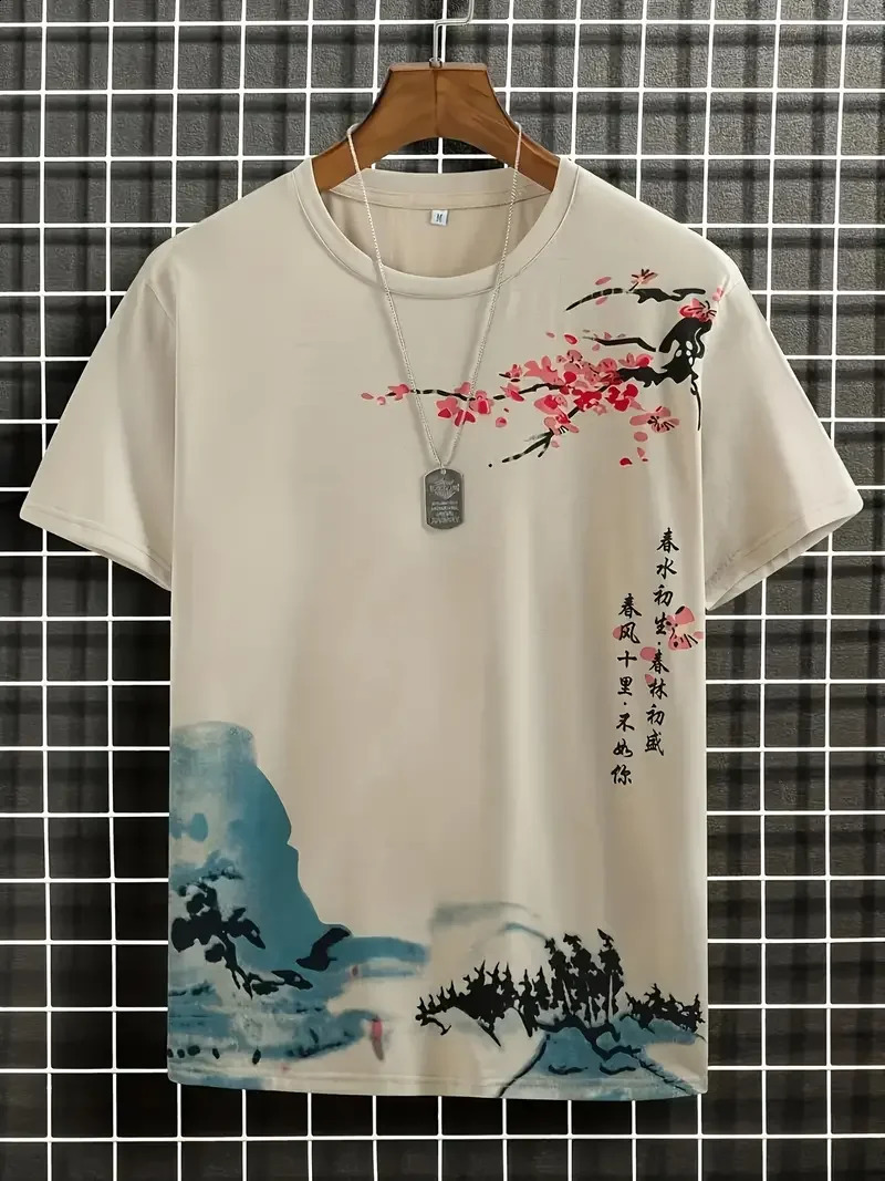 Mens 3D Plum Blossom printed loose short sleeved floral Tshirt Y2k casual streetwear mens trend 240822
