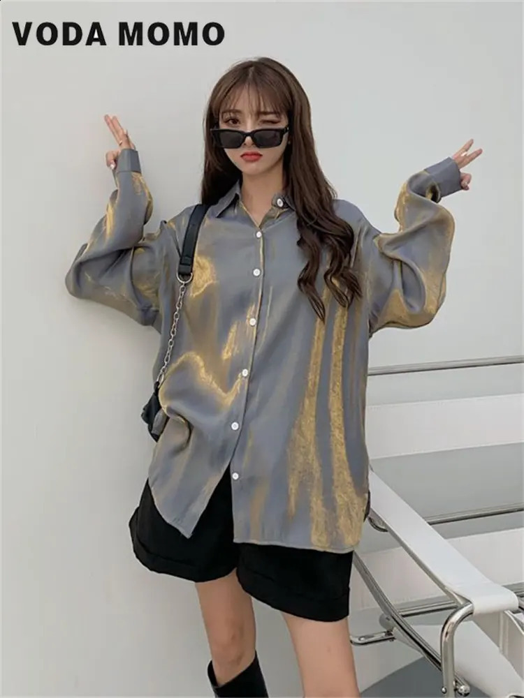 Spring Summer Korean Elegant Women ShinyBlouses Tops Long Sleeved Silk Shirts Gradient Shirts Loose Glossy Shirts Languid Wind 240823