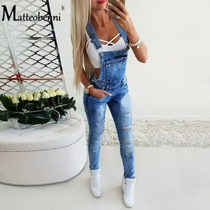 Womens Fashion Pocket Decor Ripped Denim Bib Casual Overalls One Piece Skinny Leg Distressed Jeans Jumpsuits Autumn Wear 240823
