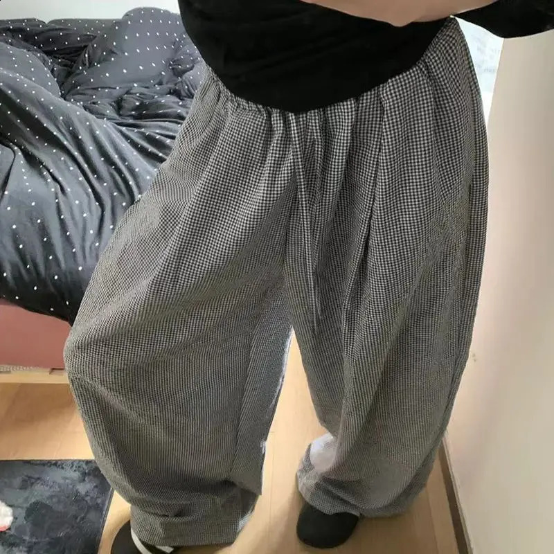 Deeptown Harajuku Striped Plaid Pants Women Korean Oversized Wide Leg Casual Trousers High Waist Summer Jogger Vintage Fashion 240822