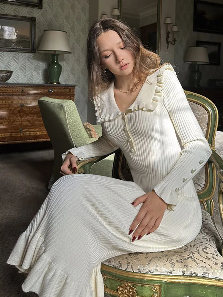 Elegant Women Ruffled Sweater Dress Ribbed Contrast Sexy Long Sleeve Button Slim Knitted Midi Dresses Vintage Party Vestido 240823
