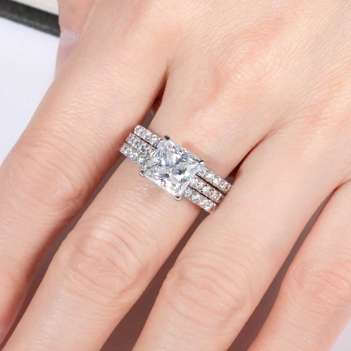 AnuJewel 3ct Princess Cut D Color Moissanite Engagement Ring Bridal Sets 925 Sterling Silver Wedding Band Ring Customs Jewelry