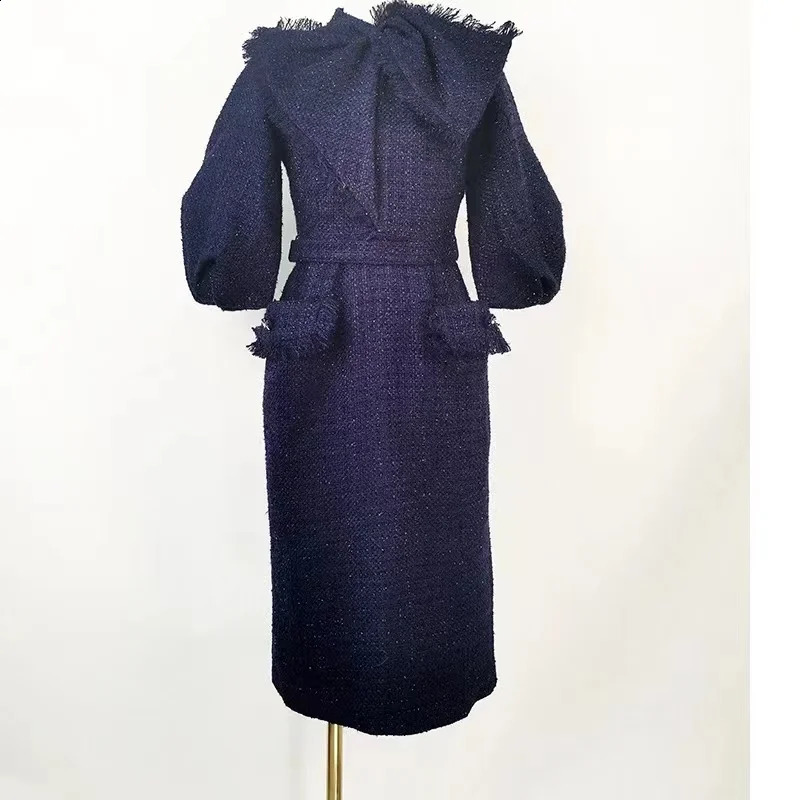 High Quality Women Bowknot Tweed Woolen Dress Autumn Winter Plaid Lantern Sleeve Ladies Office Midi Vestidos With Belt 240823
