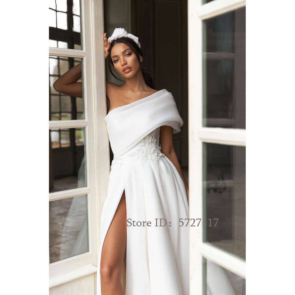Appliques One Elegant Shoulder Wedding Dresses Split A-E Gow With Bow Long Train Bride Dress Vestidos 6660311
