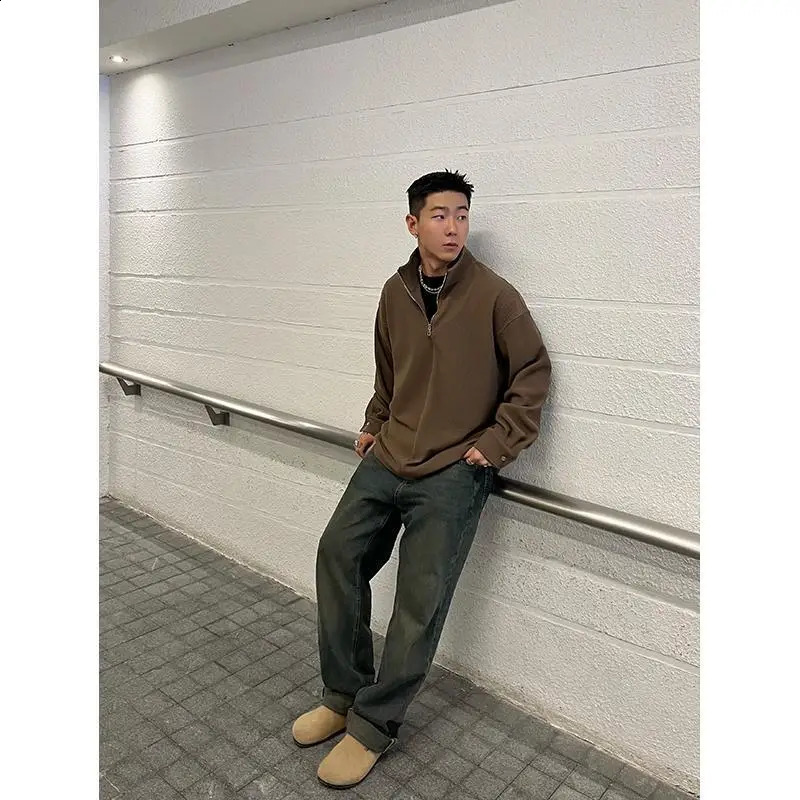 Mens twill textured fabric silhouette half-zip sweatshirt loose shoulder pullover long sleeves men clothing y2k top one piece 240823