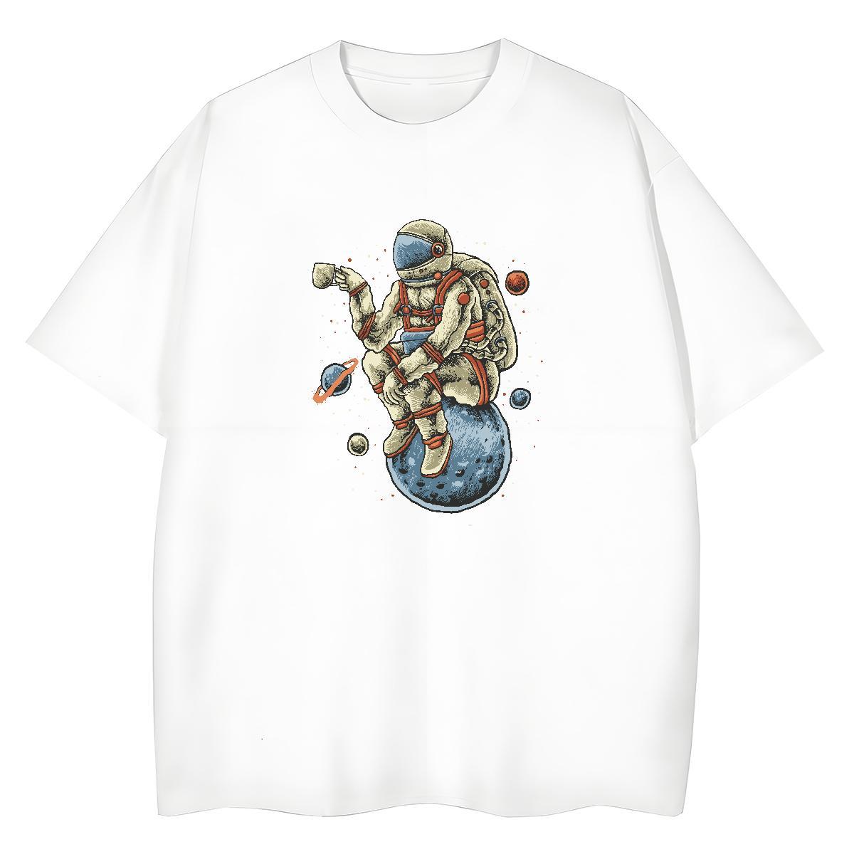 Loose fit Couples T Shirts 230g Cotton cosmonaut Daily Outfit Womens T Shirts Breathable Crew Neck White Plus Size Tee Shirt