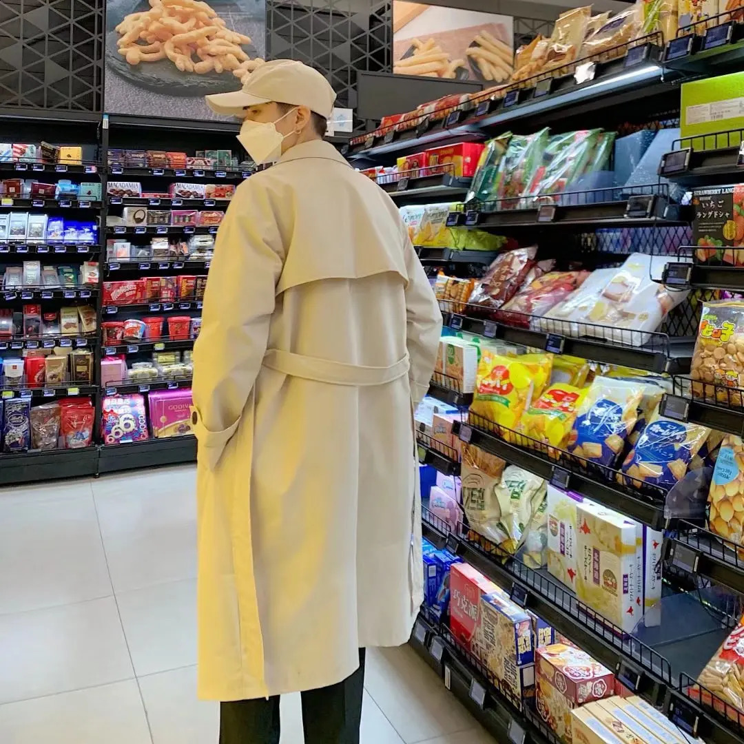 Mens Long Casual Trench Coat Solid Color Double-Breasted Jacket Korean Trend Classic Casual Loose British Cape B35 240822