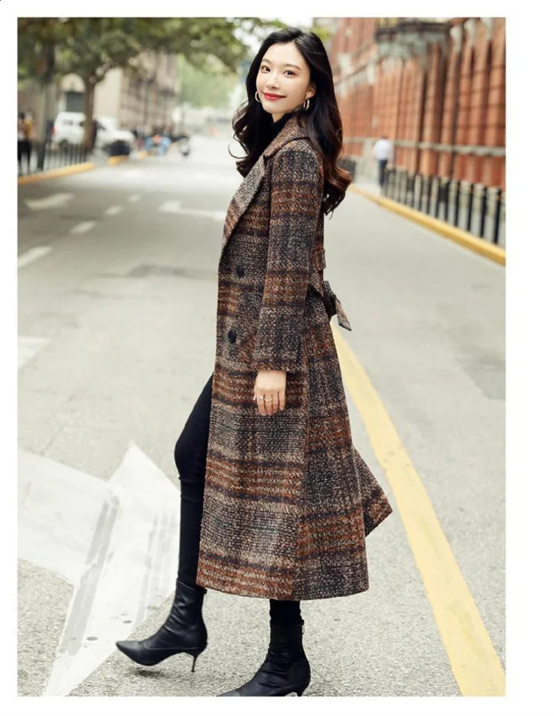 Plaid Woolen Coat Women Long Korean Style Waist Female Autumn Winter Thick Slim-fit Over-the-knee Woolen CoatM540 240822