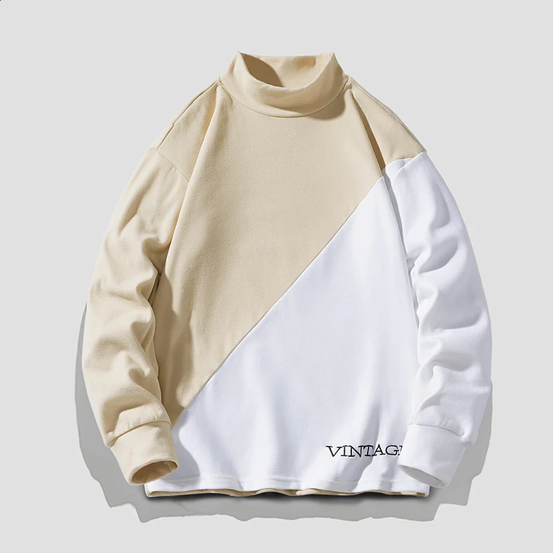 Letter Embroidery Mens Clothing Half High Collar Contrast Color Pullover Lantern Long Sleeve Loose Hoodies Autumn Winter Tops 240823