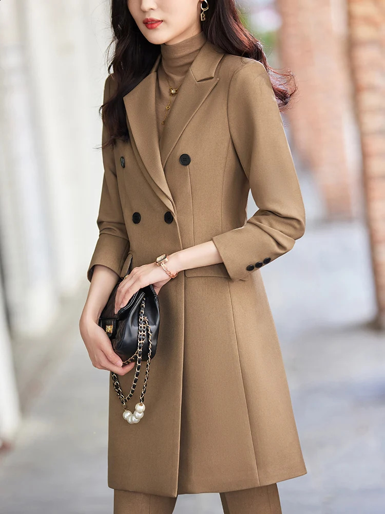 Womens work business suit pants set khaki black beige long jacket 2piece womens office formal and Trouser 240823