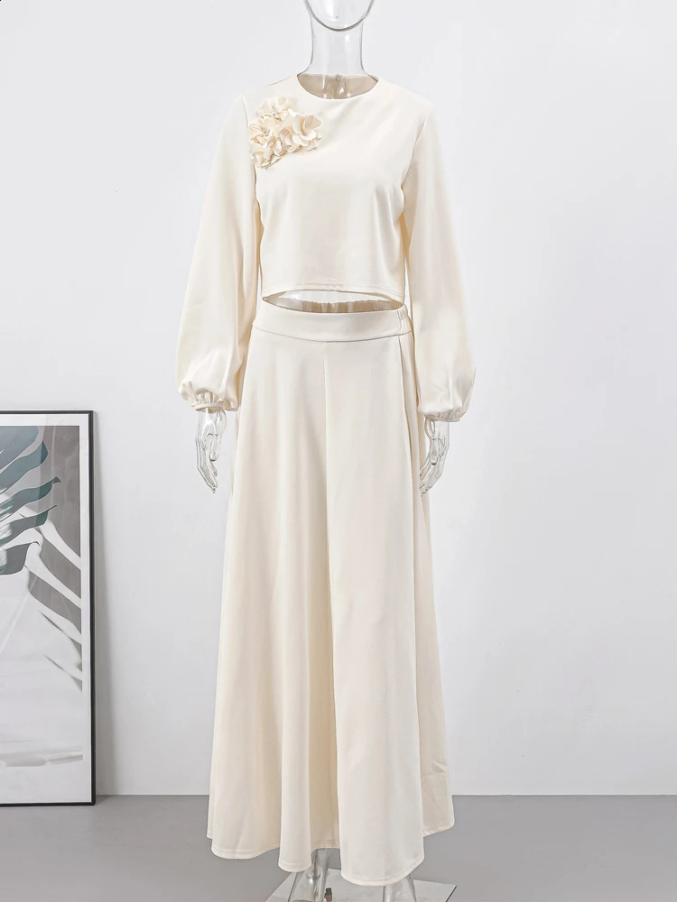 Muslim Floral Solid Skirts Two-piece Set Women Ramadan Prayer Dubai Turkey Middle East Long Lantern Sleeve Top Skirt Suit 240823