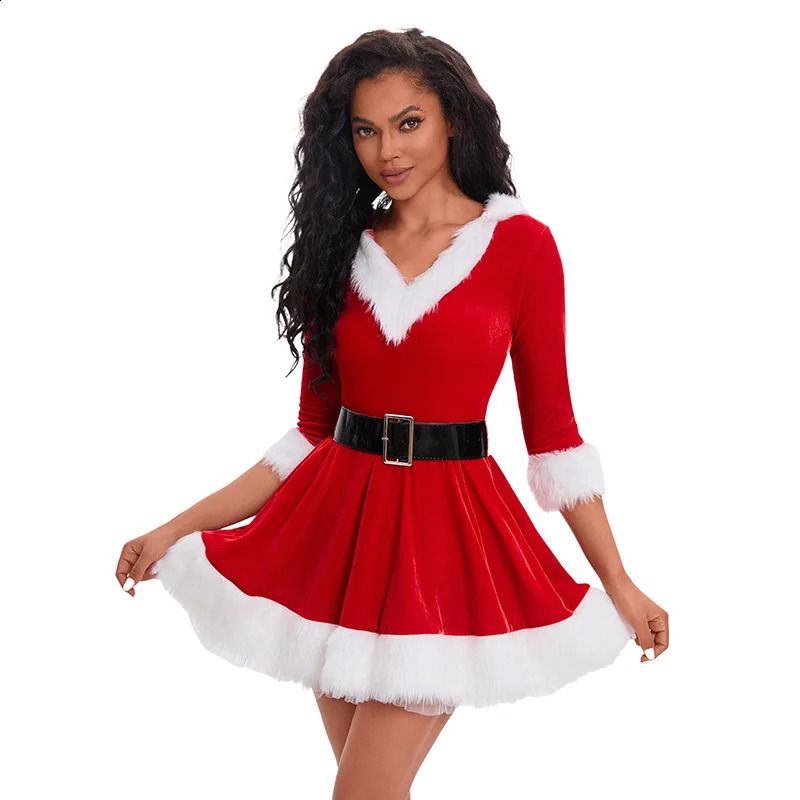 Fashion Womens Half Sleeve Solid Color Santa Claus Christmas Theme Costume Role Playing Set Belt Fancy Dress 240823