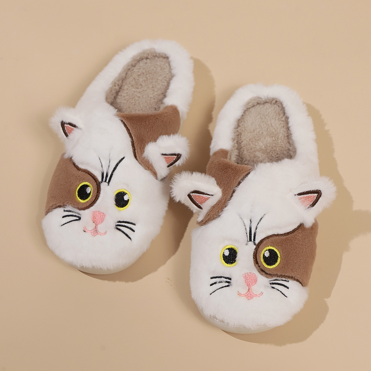 Design slippers fashion cute kitten plush slippers autumn and winter warm cotton slippers 2024 new outdoor indoor flat casual shoes warm Brown Black