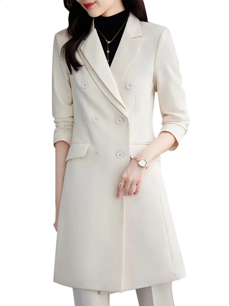 Womens work business suit pants set khaki black beige long jacket 2piece womens office formal and Trouser 240823