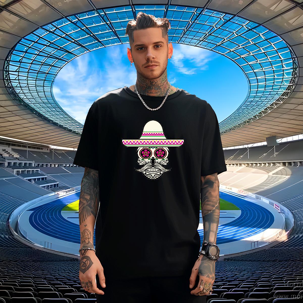 Loose T-Shirts for Men 230g 100% Cotton skull Casual Black White Breathable Short Sleeve Men Tees Fashion Clothings