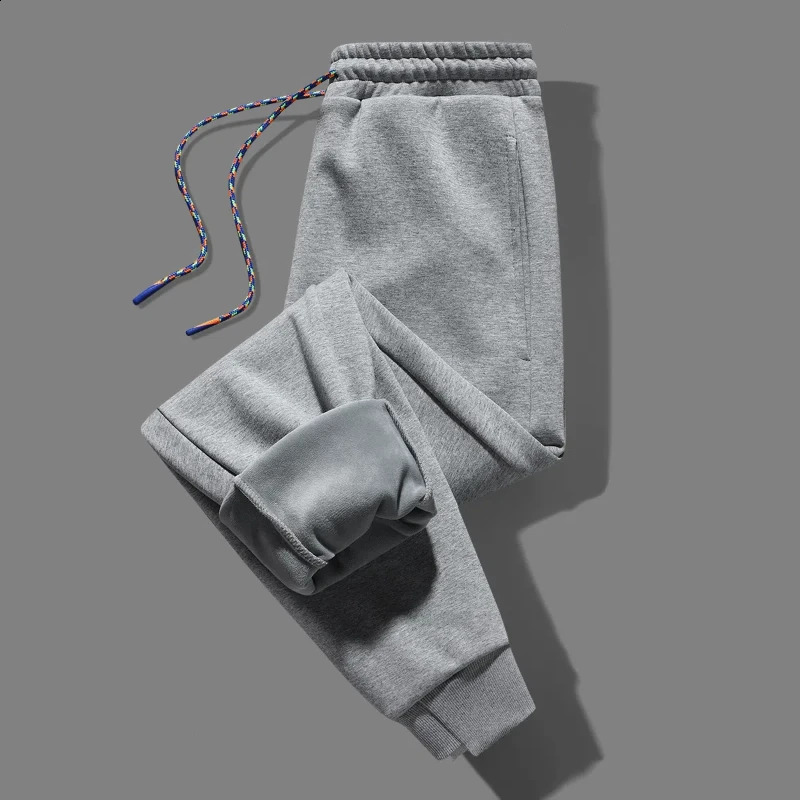 Korean Autumn Winter Mens Solid Elastic Waist Drawstring Pockets Fashion Casual Plus Velvet Loose Foot Binding Sweatpants 240822