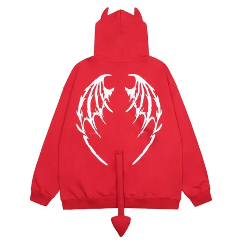 Autumn Harajuku Hoodies Women Gothic Punk Devil Horn Hooded Sweatshirt Halloween Couple Matching Detachable Tail Zip-Up Outwear 240823