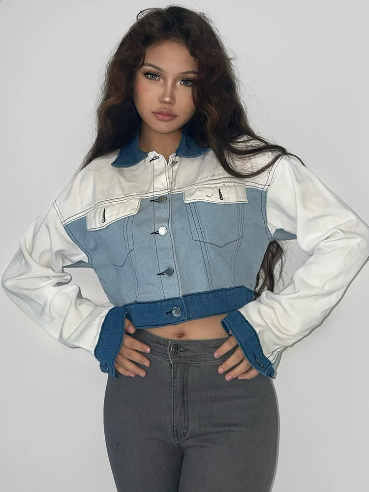 Rockmore Contrast Patchwork Denim Jackets Korean Fashion Streetwear Pockets Cropped Jean WomenS Coats y2k Casual Outerwear 240823