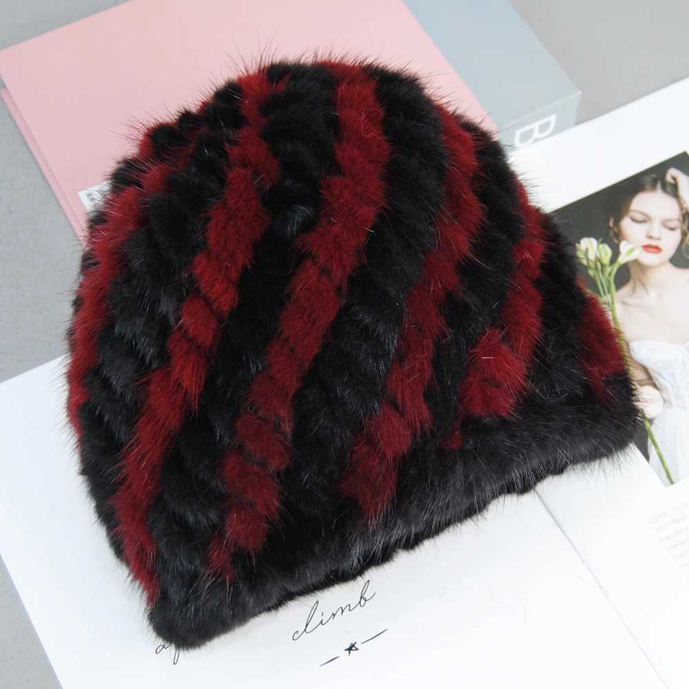 2024 Winter Womens Mink Hat Natural True Fur Knitted Hat Fashionable Fluffy Womens Genuine Leather Beans Womens Black Fur Hat W240822