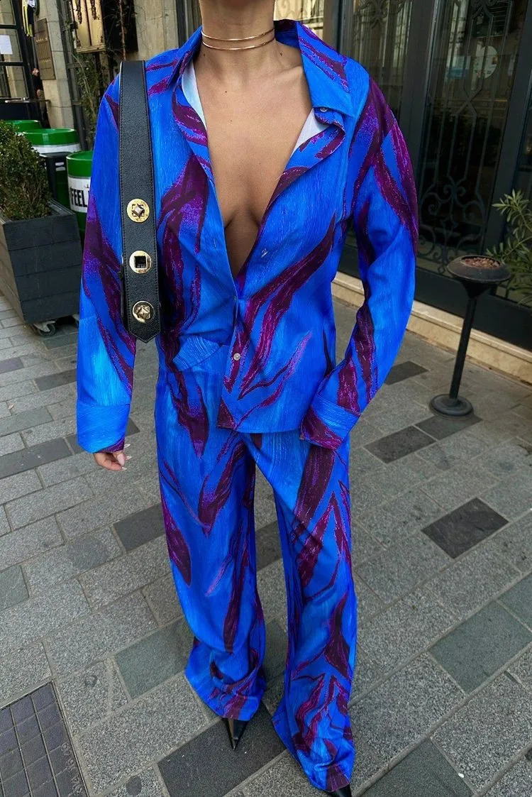 Women Two Piece Set Suit Tie-dye Print Long Sleeve Lapel ShirtElastic Waist Casual Wide Leg Pants Fashion Street Loose Outfits 240822