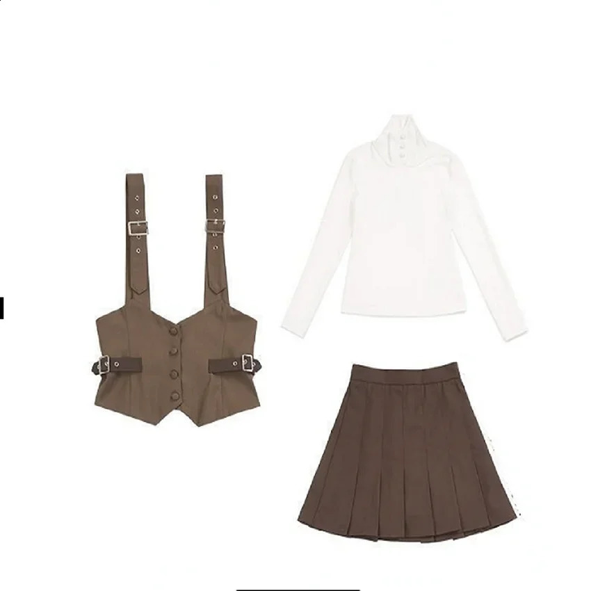 Sweet College Shirt Pleated Skirt Vest Three Piece Set Women Korean Fashion Solid Slim Autumn Female Temperament Suit 240823