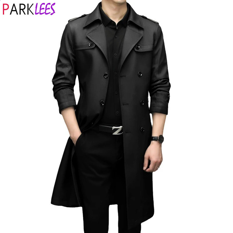 Mens Extra Long Double Breasted Trench Coat Autumn Casual Notch Lapel Belted Windbreaker Slim Fit Business Overcoats 240822