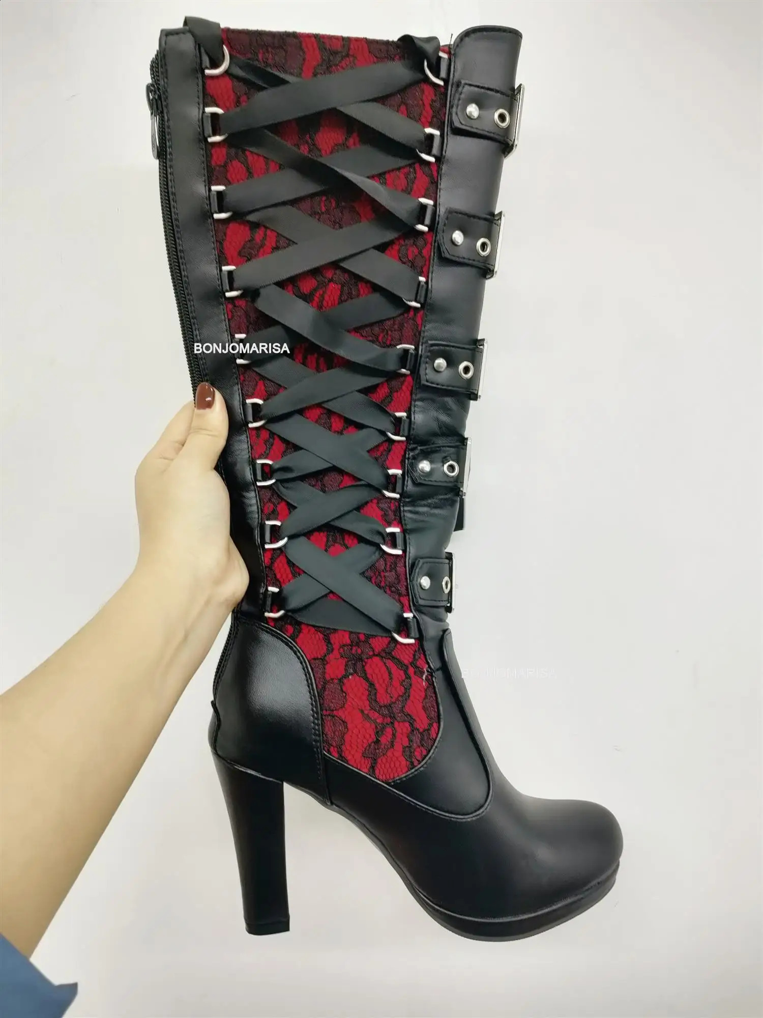 BONJOMARISA womens platform boots with straps short and chubby high heels mid calf boots narrow band bow knot Gothic shoes winter 240823