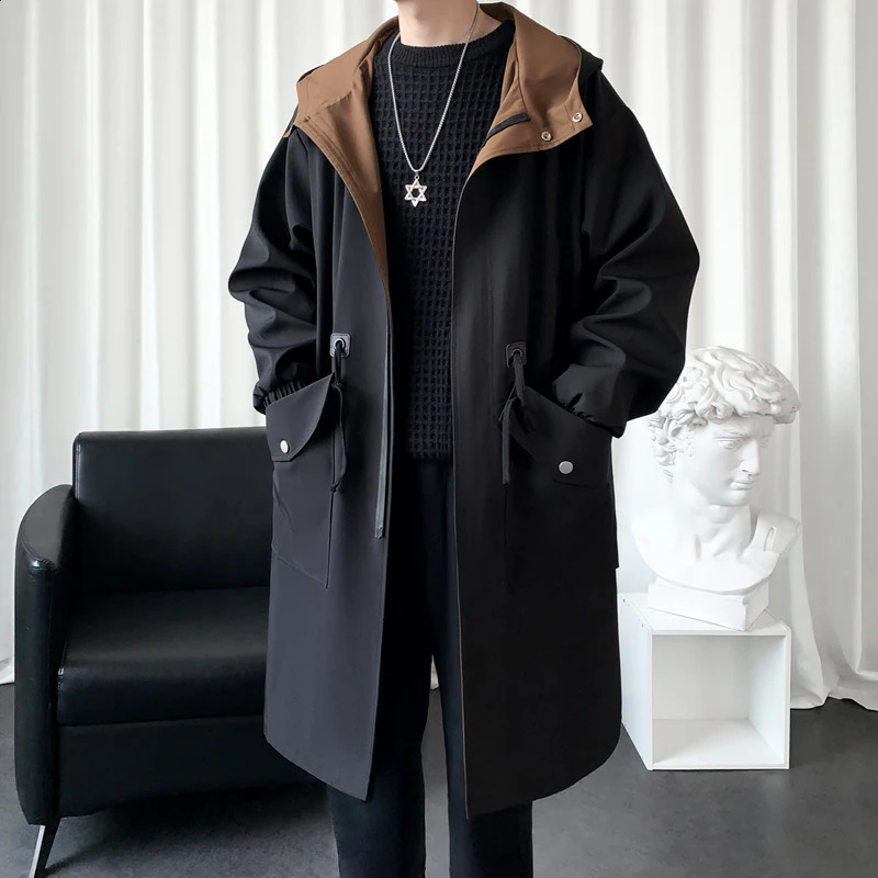 Autumn Trench Coat Men Windbreaker Hooded Jackets Harajuku Pocket Overcoat Men Clothing Outerwear Fashion Streetwear 240822